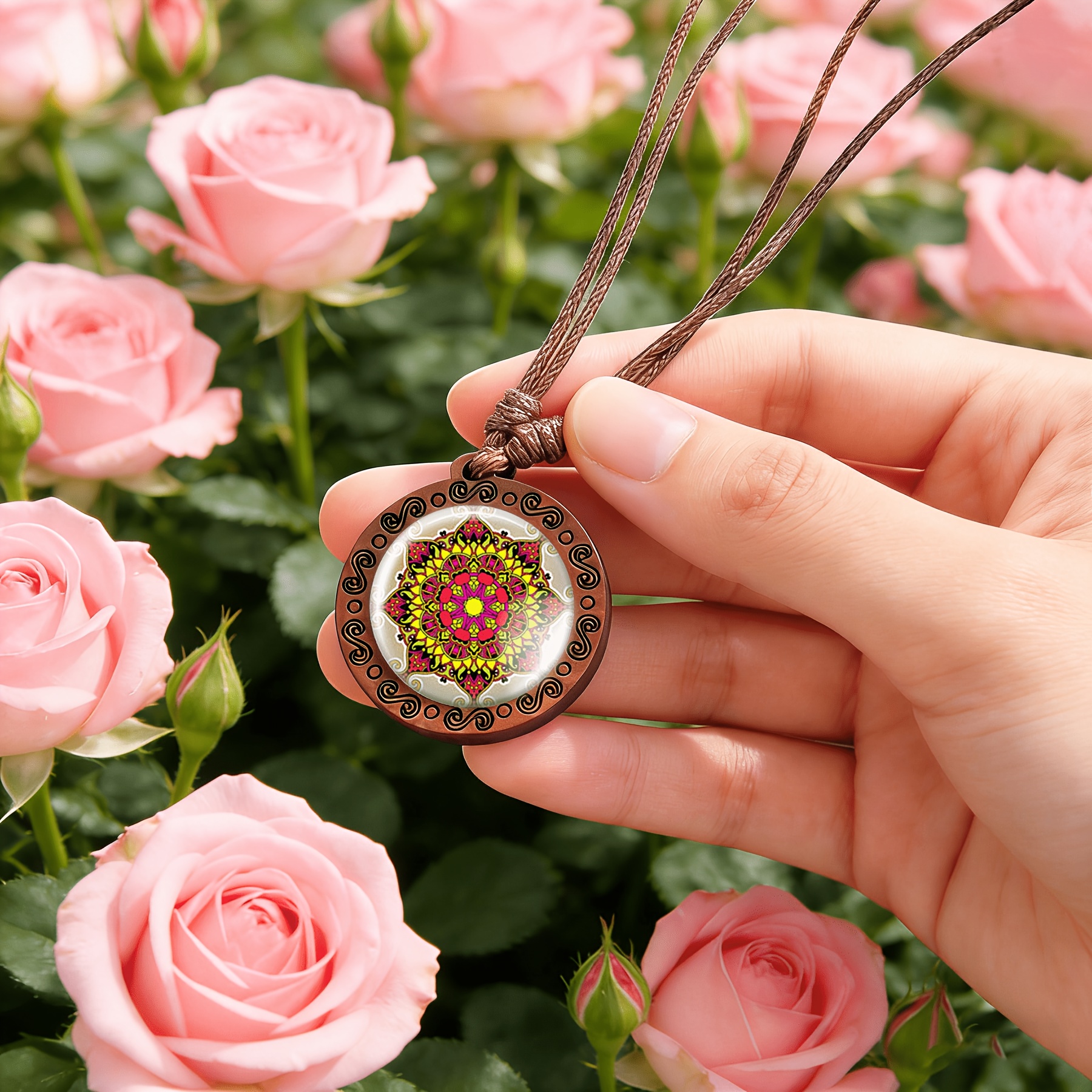 Women's Handcrafted Vintage Circular Pattern Gemstone Inlaid Necklace